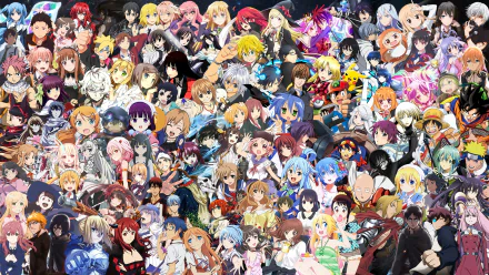 HD desktop wallpaper featuring a colorful anime crossover with numerous characters from various series, showcasing a vibrant and diverse collection in one unified image.
