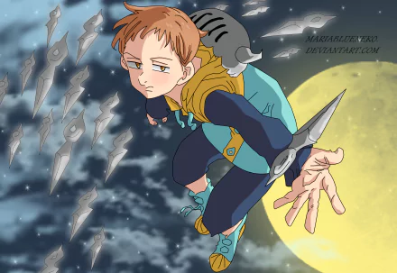 HD anime wallpaper featuring King from The Seven Deadly Sins, showcasing him mid-air with floating spears against a night sky and bright full moon background.