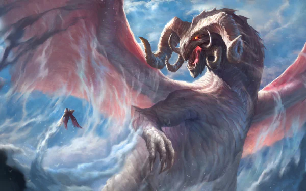 HD fantasy desktop wallpaper depicting a mighty griffin-like dragon with large horns soaring through vibrant, cloud-filled skies.