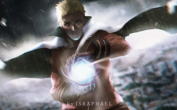 HD wallpaper featuring Naruto Uzumaki from the anime series Boruto, showing him using a powerful jutsu with an intense look. By JSRAPHAEL.