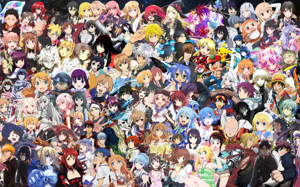 HD desktop wallpaper featuring a colorful anime crossover with numerous characters from various series, showcasing a vibrant and diverse collection in one unified image.