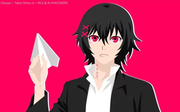 Minimalist 8K Ultra HD wallpaper of Juuzou Suzuya from Tokyo Ghoul:re with black hair and striking pink eyes against a bold pink background in anime style.