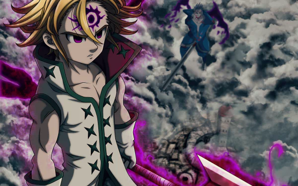 4K Ultra HD anime wallpaper featuring Meliodas from The Seven Deadly Sins, showcasing his fierce expression and dark power surrounded by a stormy, ominous backdrop.