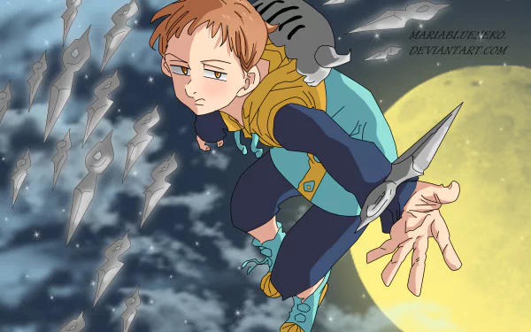 HD anime wallpaper featuring King from The Seven Deadly Sins, showcasing him mid-air with floating spears against a night sky and bright full moon background.