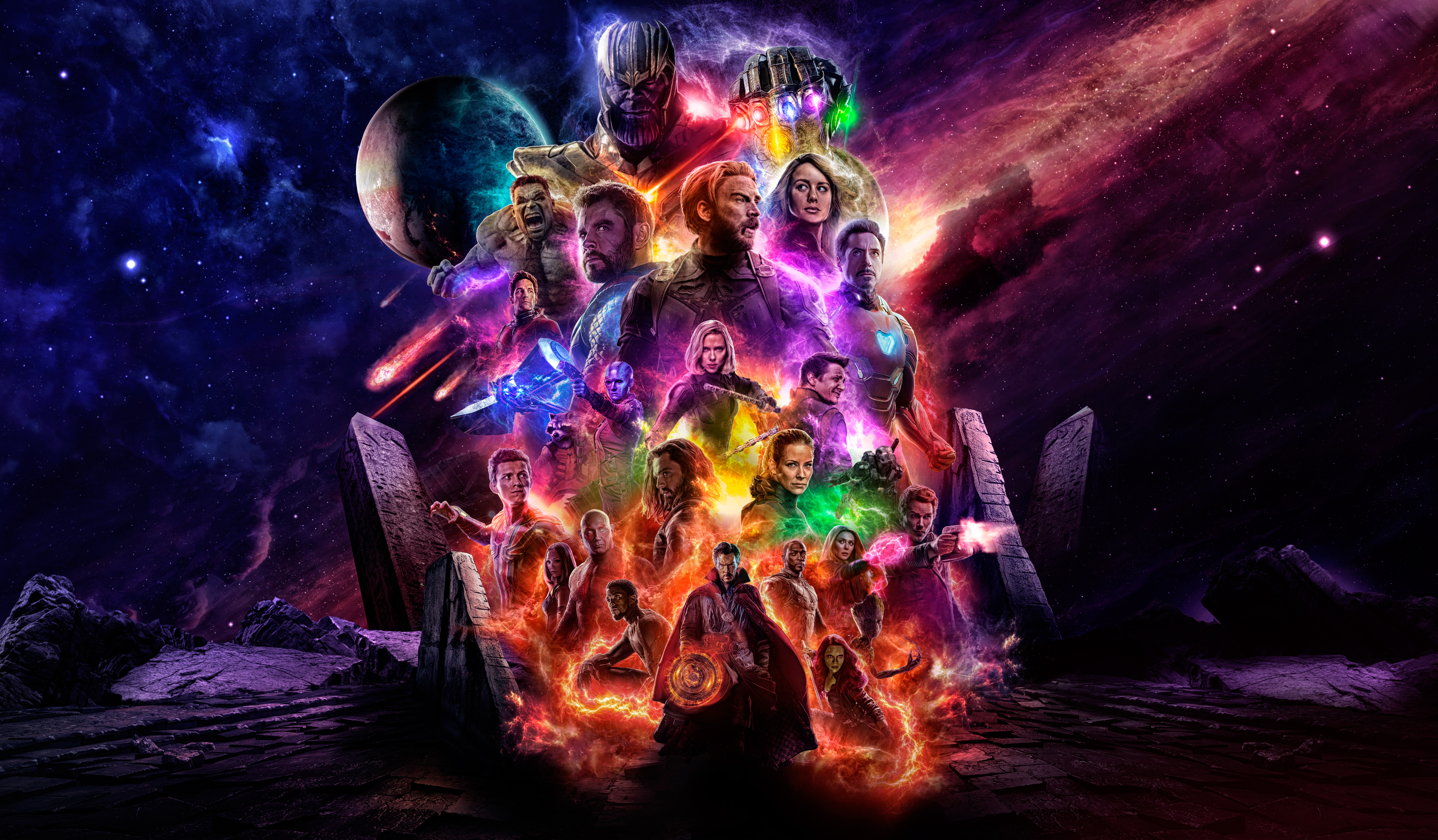 HD desktop wallpaper featuring characters from the movie Avengers: Endgame against a cosmic background.