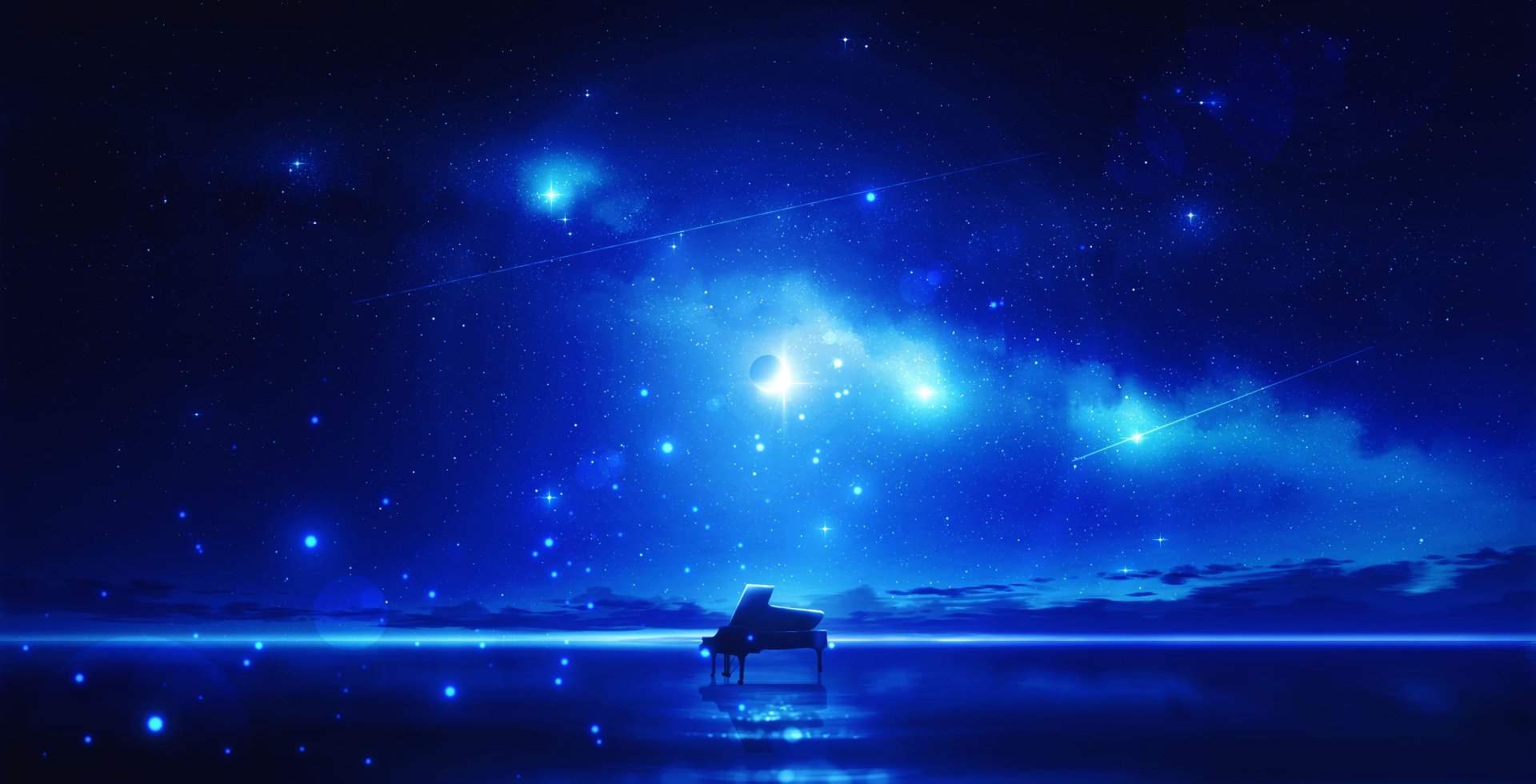 An anime-style piano sits under a starry night sky with a shooting star, against a serene, glowing landscape. HD wallpaper and background illustration tagged with music and night.