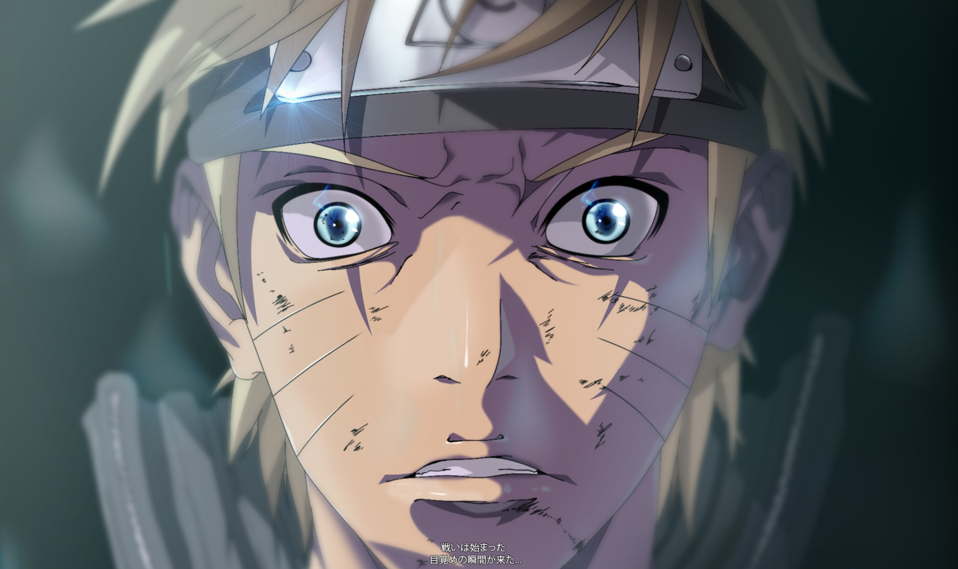 HD PC desktop wallpaper featuring a close-up of Naruto Uzumaki from the anime Naruto, showcasing intense blue eyes and whisker-like facial marks.