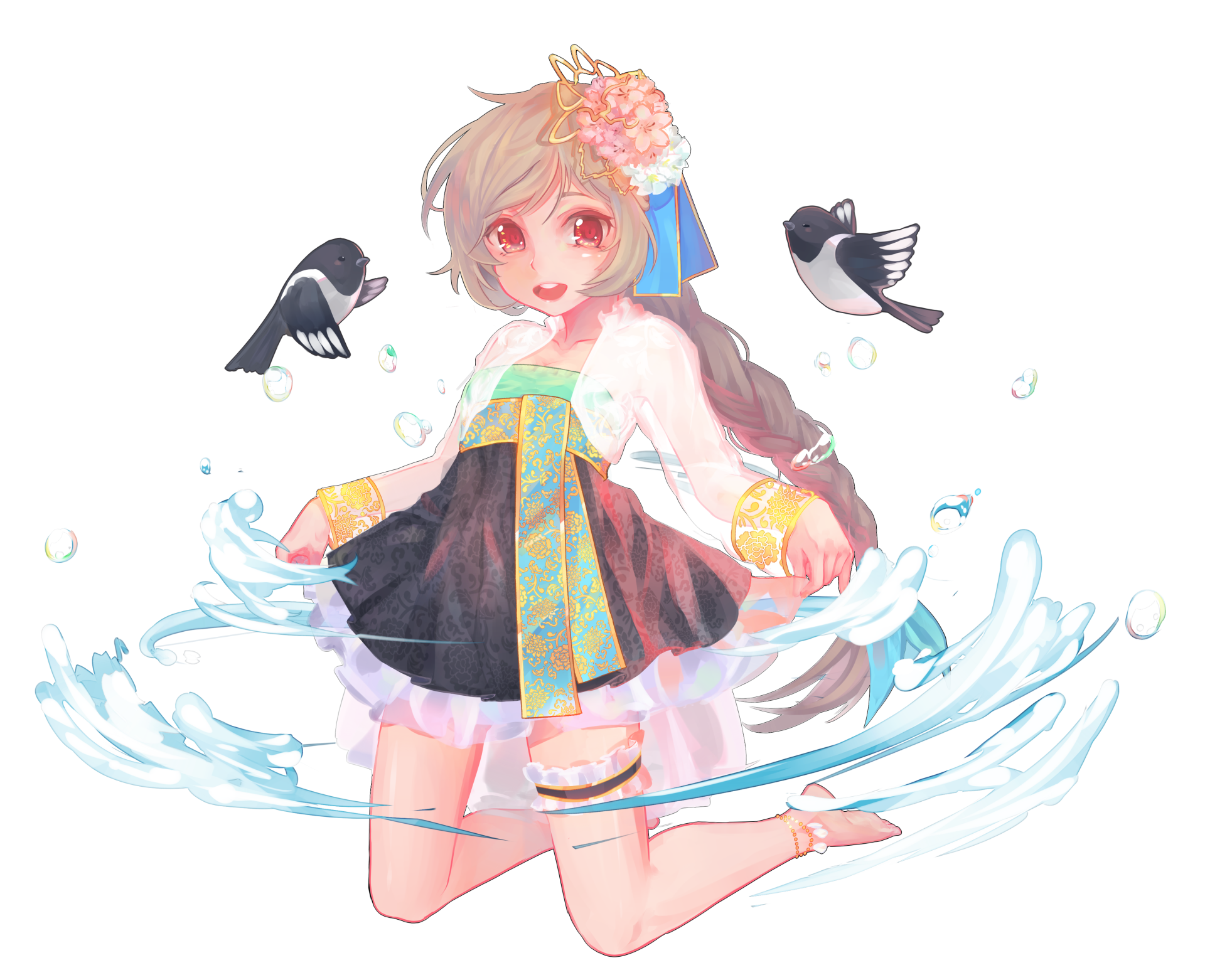 Anime original 4K Ultra HD PC desktop wallpaper: pastel-haired girl in a kimono-like dress, surrounded by swirling water and two small birds.