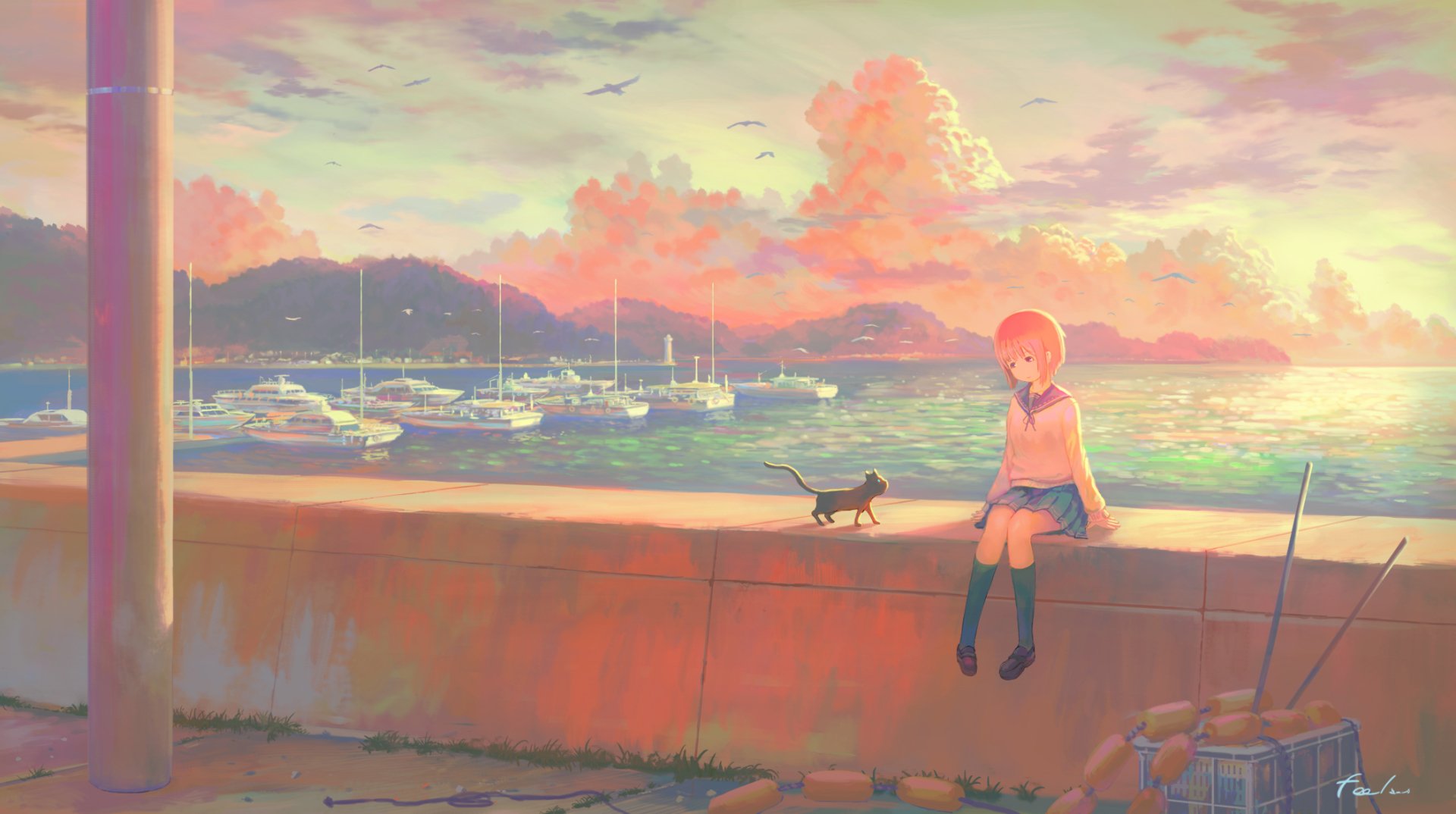 Anime girl with short blonde hair and brown eyes sits on a harbor wall with a cat at sunset, boats in the background, creating a serene HD desktop wallpaper.