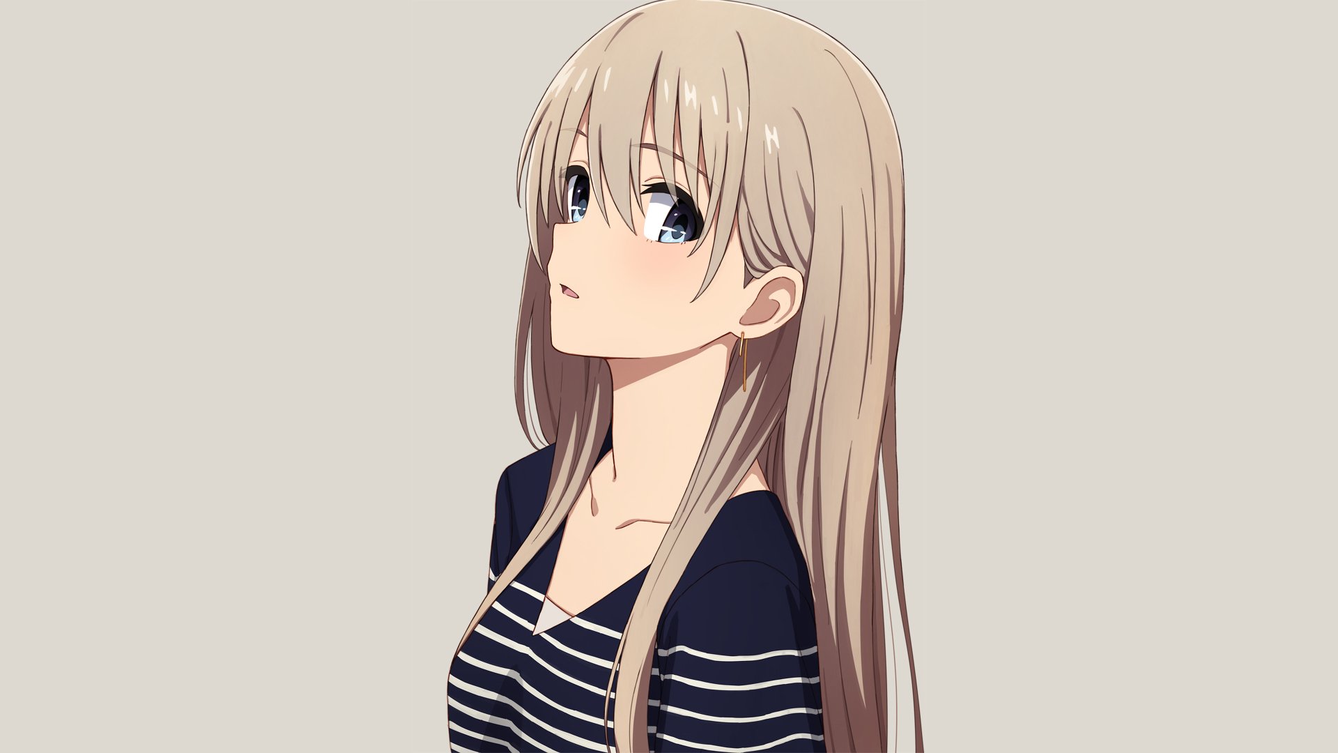 HD anime girl desktop wallpaper featuring a girl with long blonde hair and blue eyes, wearing a dark striped top.