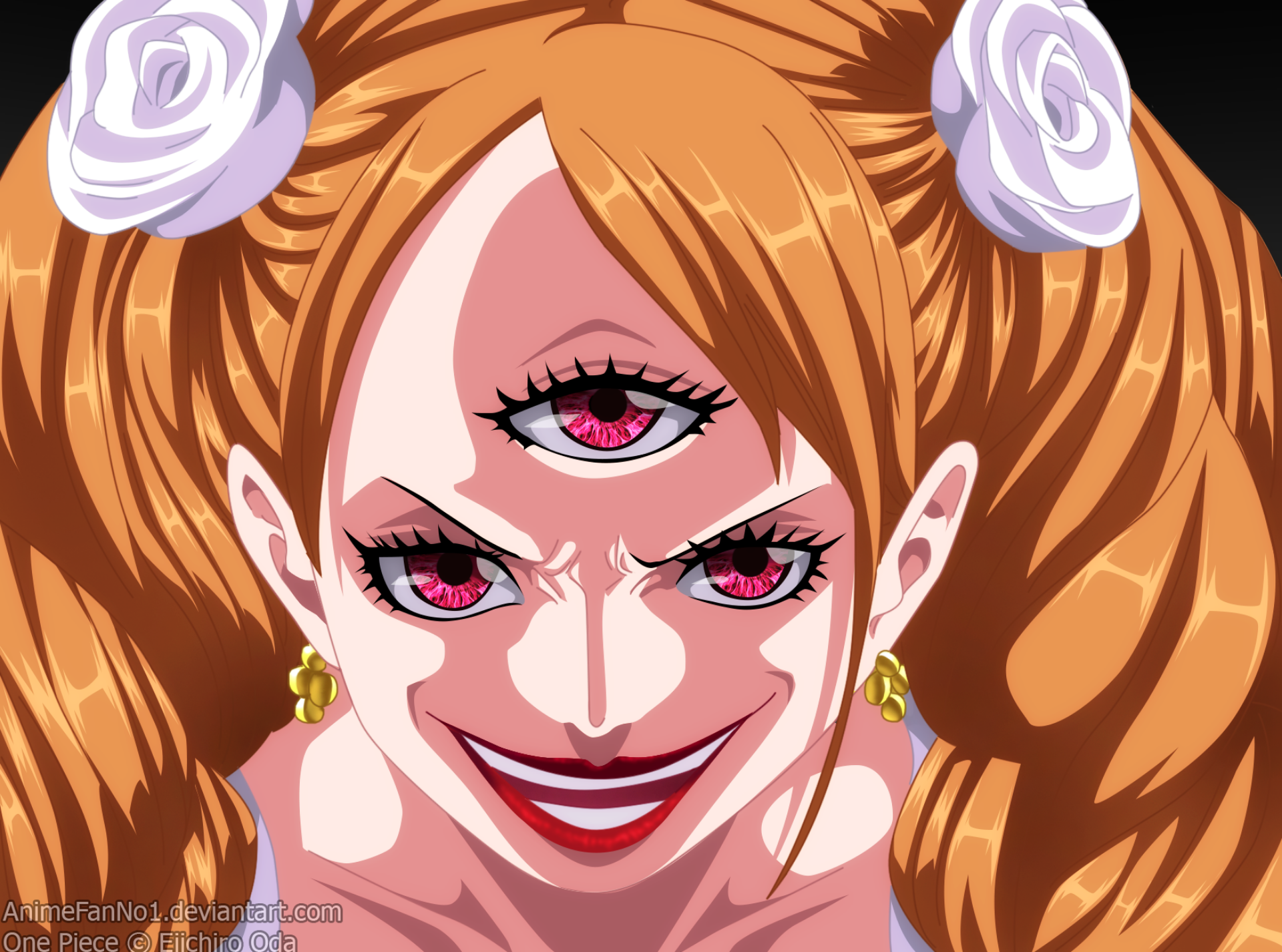 HD desktop wallpaper of One Piece anime character Charlotte Pudding: close-up smiling face with three red eyes, orange twin-tailed hair and white ribbon accents.