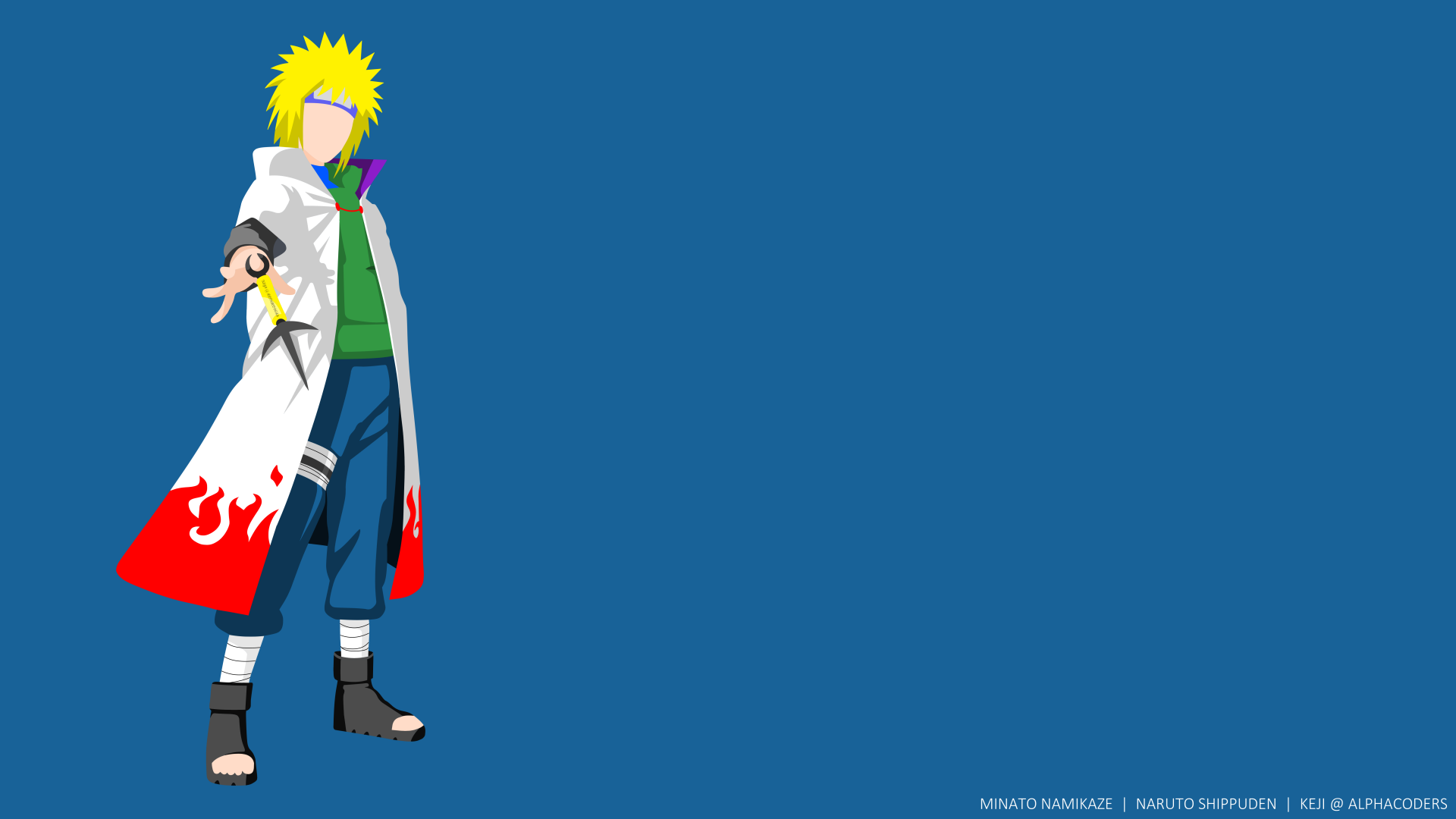 Minimalist 8K Ultra HD anime wallpaper featuring blonde Minato Namikaze from Naruto against a solid blue background.