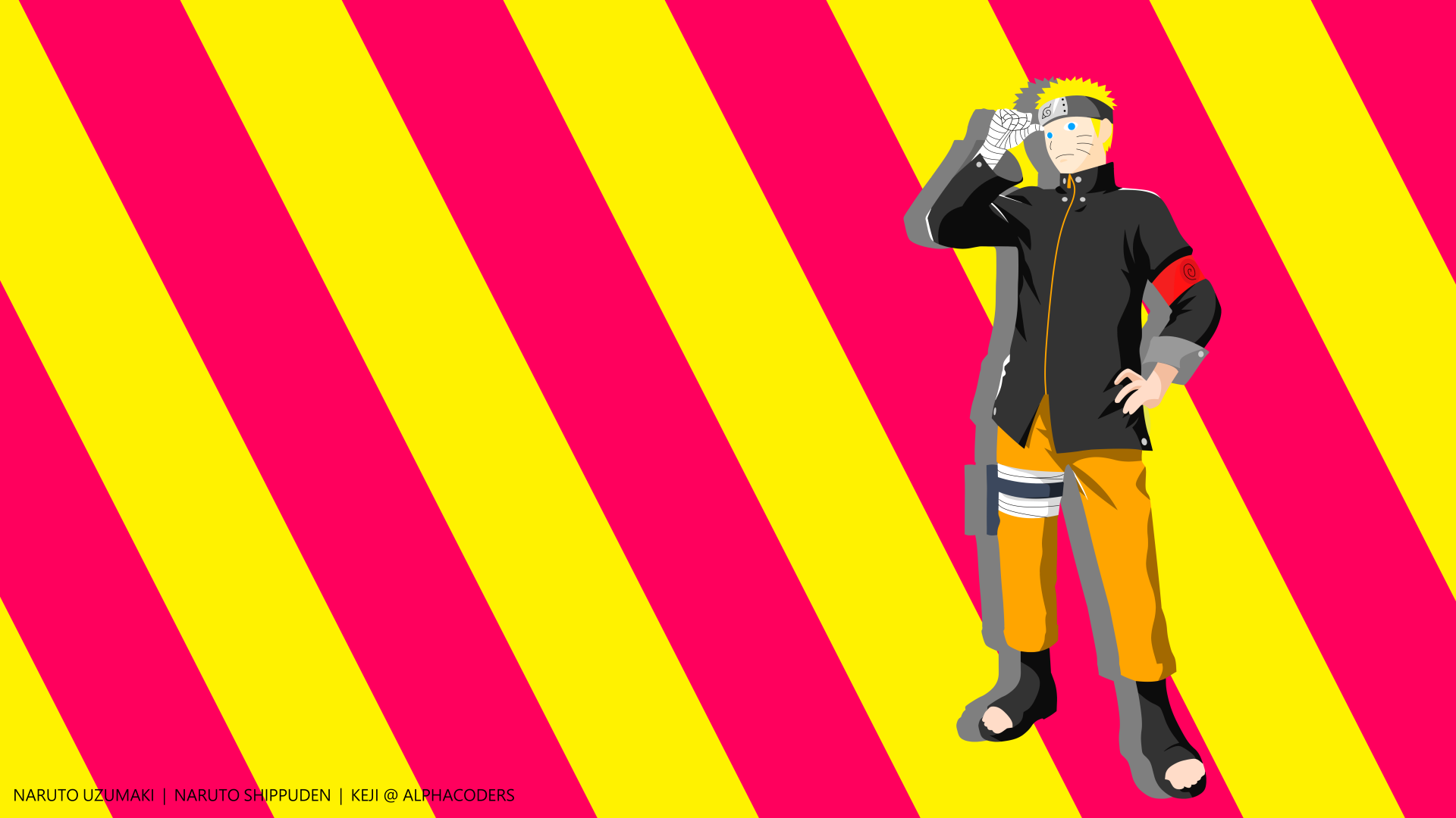 Minimalist 8K PC desktop anime wallpaper: Naruto Uzumaki, blonde in black-and-orange outfit, stands at right over bold diagonal yellow and magenta stripes.