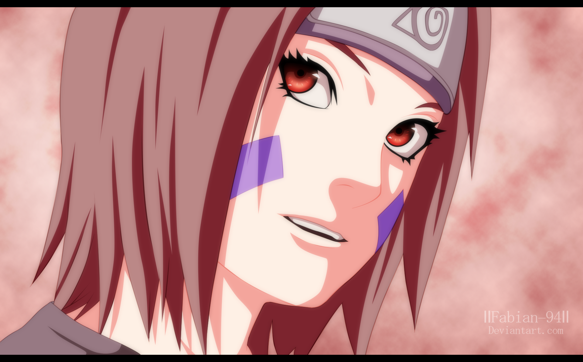 HD PC desktop wallpaper featuring Rin Nohara from the anime Naruto, showcasing her with a close-up and soft pink background.