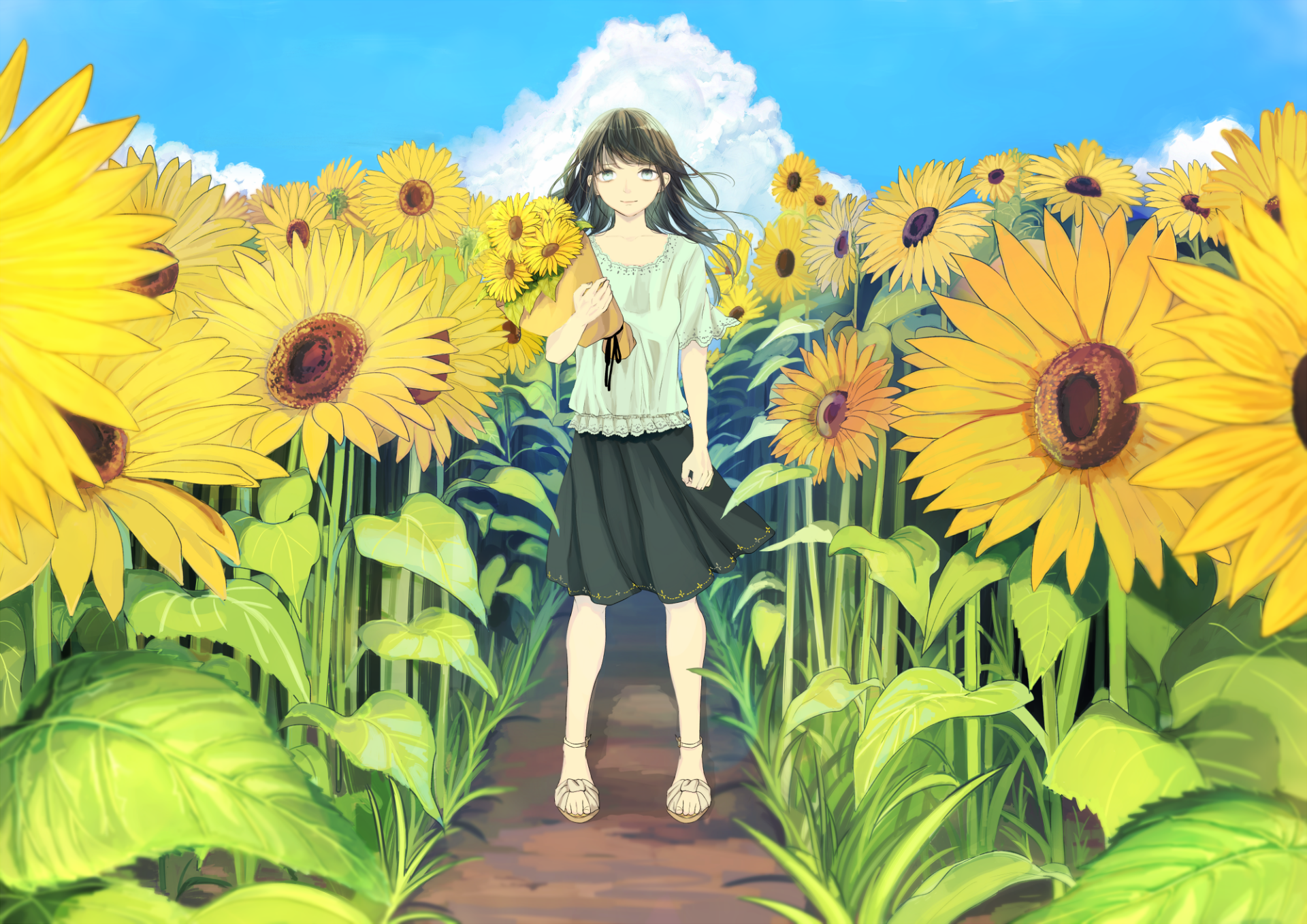 Download White Eyes Sunflower Black Hair Long Hair Anime Original HD Wallpaper by 憂ちふゆ