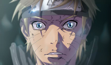 HD PC desktop wallpaper featuring a close-up of Naruto Uzumaki from the anime Naruto, showcasing intense blue eyes and whisker-like facial marks.