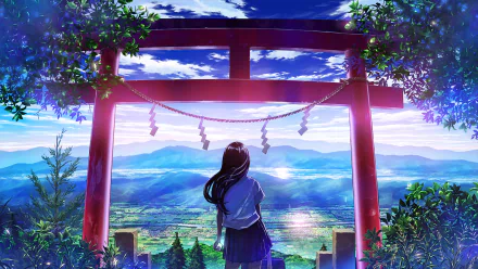 A stunning anime landscape features a girl standing before a red torii gate, overlooking a scenic view of mountains and a valley bathed in sunlight. This HD desktop wallpaper captures the essence of serenity.