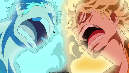HD anime desktop wallpaper featuring Roronoa Zoro and Sanji from One Piece, captured in an intense face-off with contrasting blue and orange auras.