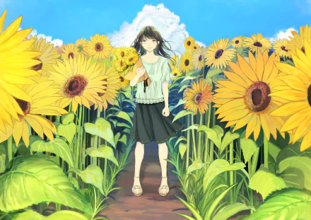 white eyes sunflower black hair long hair Anime Original HD Desktop Wallpaper | Background Image