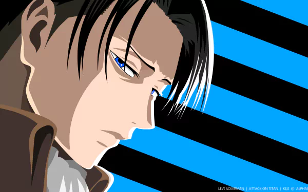 Minimalist 8K Ultra HD anime wallpaper featuring Levi Ackerman from Attack on Titan with black hair and striking blue eyes against bold blue and black stripes.