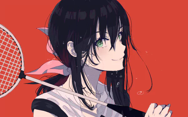 Ayano Hanesaki (Hanebado!) anime portrait: wet black hair, green eyes, holding a badminton racket against a bold red 4K PC desktop wallpaper