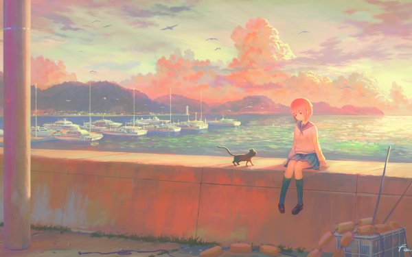 Anime Original Boat Short Hair Blonde Brown Eyes Sunset Cat Bird HD Wallpaper | Background Image