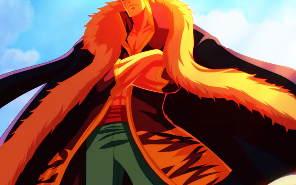HD PC desktop wallpaper: Laxus Dreyar from Fairy Tail — muscular anime hero in a fur‑trimmed coat and green pants, bare chest, glowing orange light against a bright blue sky.