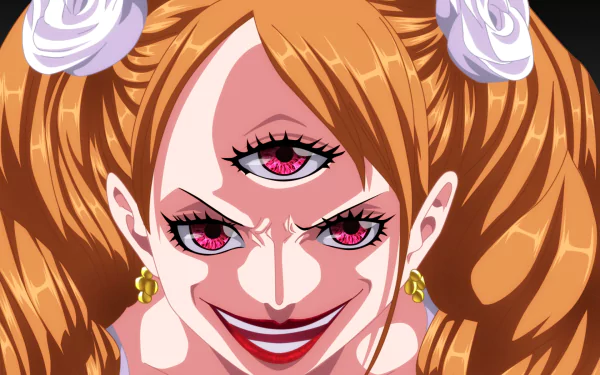 HD desktop wallpaper of One Piece anime character Charlotte Pudding: close-up smiling face with three red eyes, orange twin-tailed hair and white ribbon accents.