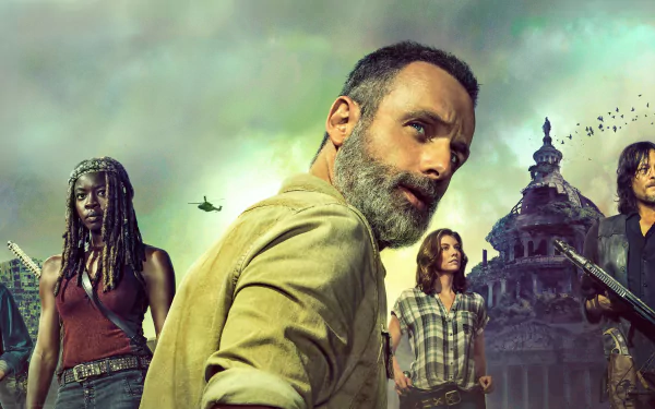 4K Ultra HD wallpaper featuring key characters from The Walking Dead TV show, including Rick Grimes, Michonne, Daryl Dixon, Maggie Greene, and Carol Peletier.