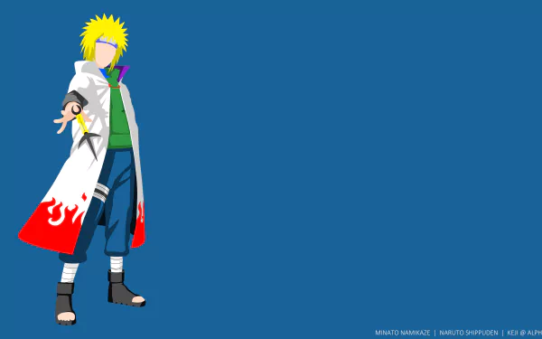 Minimalist 8K Ultra HD anime wallpaper featuring blonde Minato Namikaze from Naruto against a solid blue background.