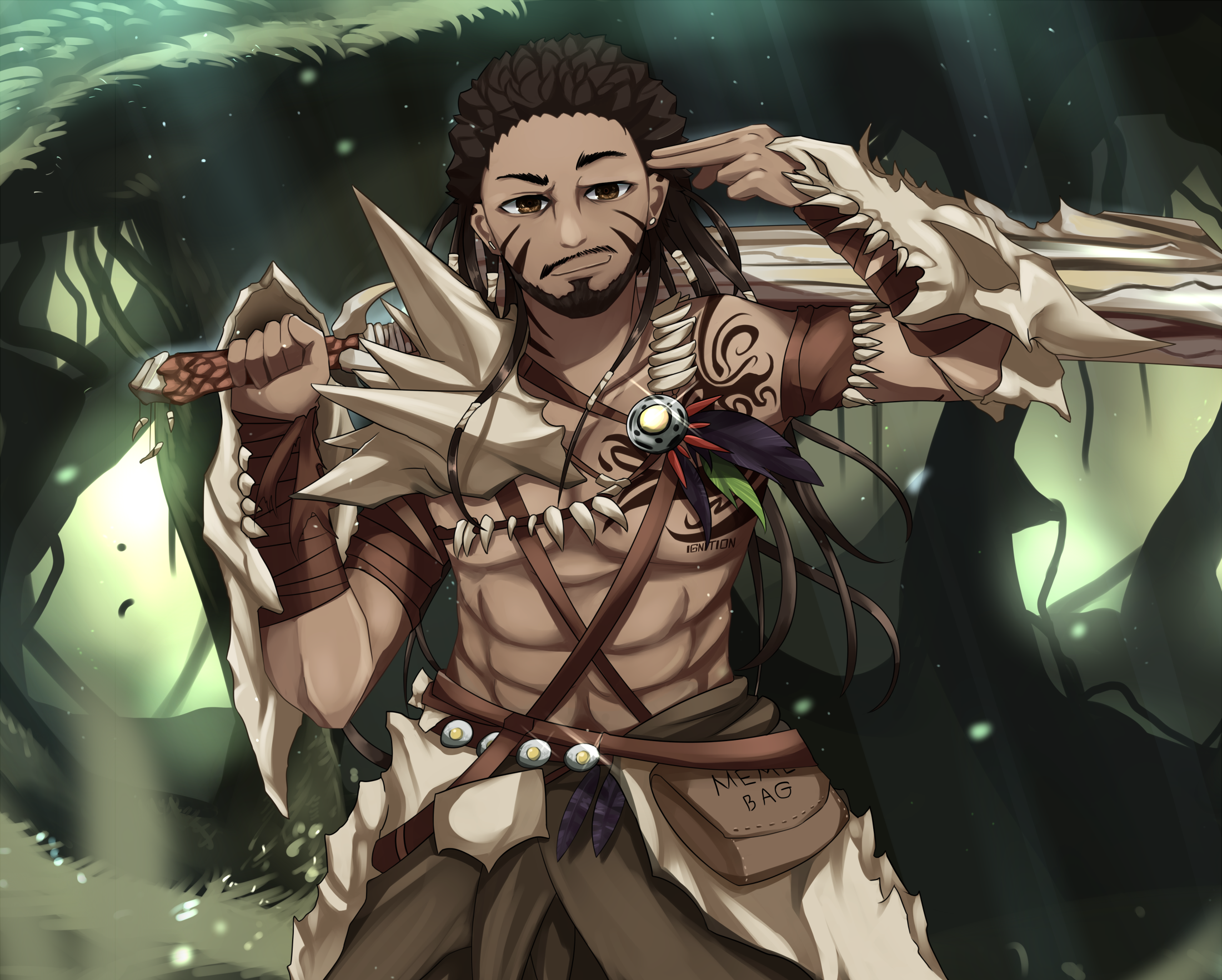 KREA - anime tribal boy with long hair, loincloth, tiger paws as gloves,  claws, trending on pixiv