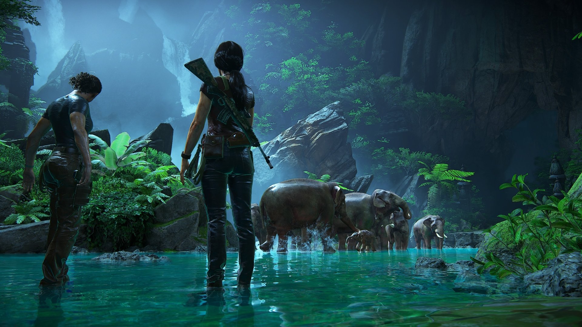 Chloe Frazer and Nadine Ross stand waist-deep in a jungle river, surrounded by hippos, from the 4K Ultra HD PC wallpaper of Uncharted: The Lost Legacy.