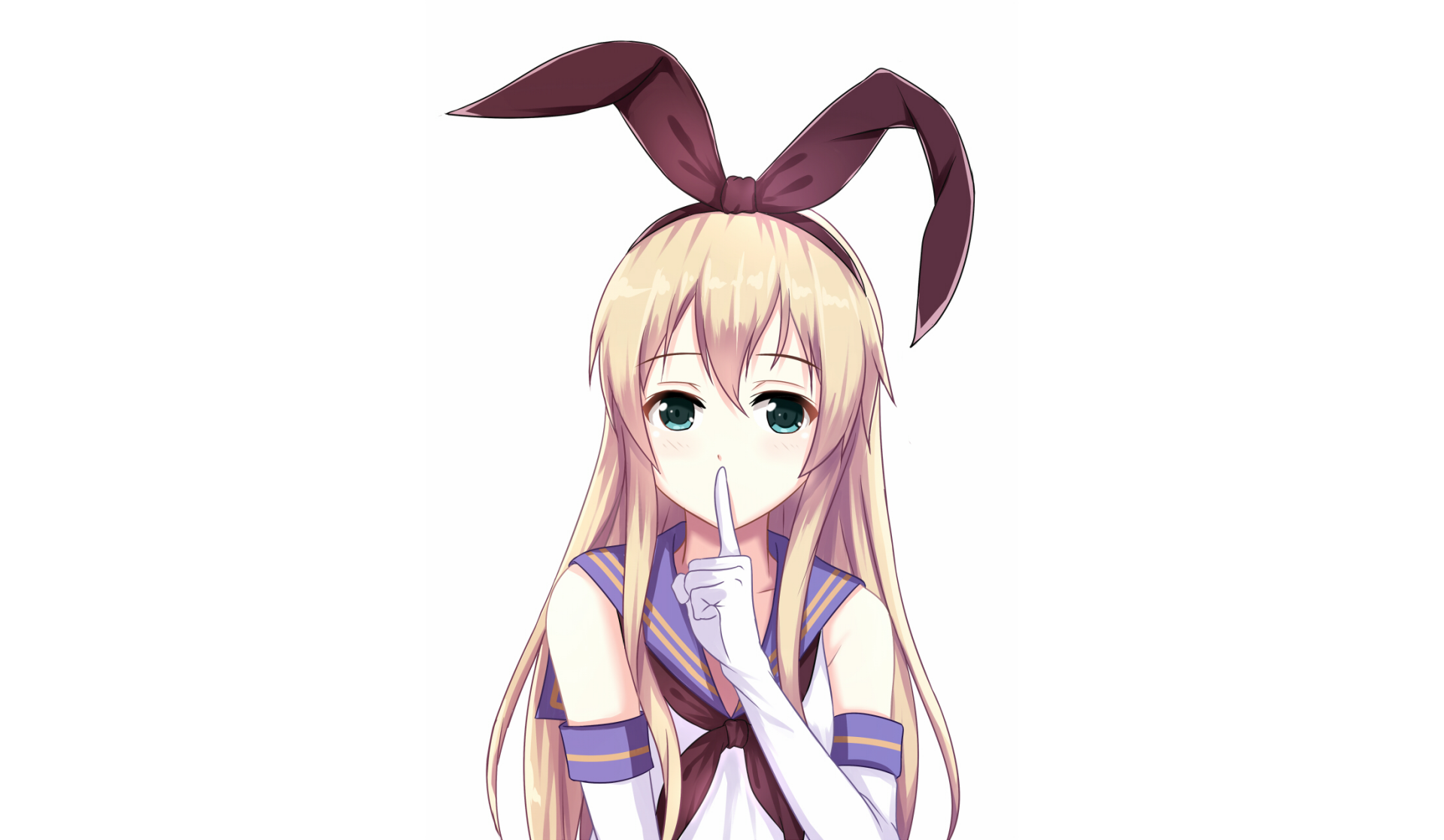 HD PC desktop wallpaper featuring Shimakaze from Kantai Collection (Kancolle) in anime style, with her signature bunny ears and finger to lips pose.