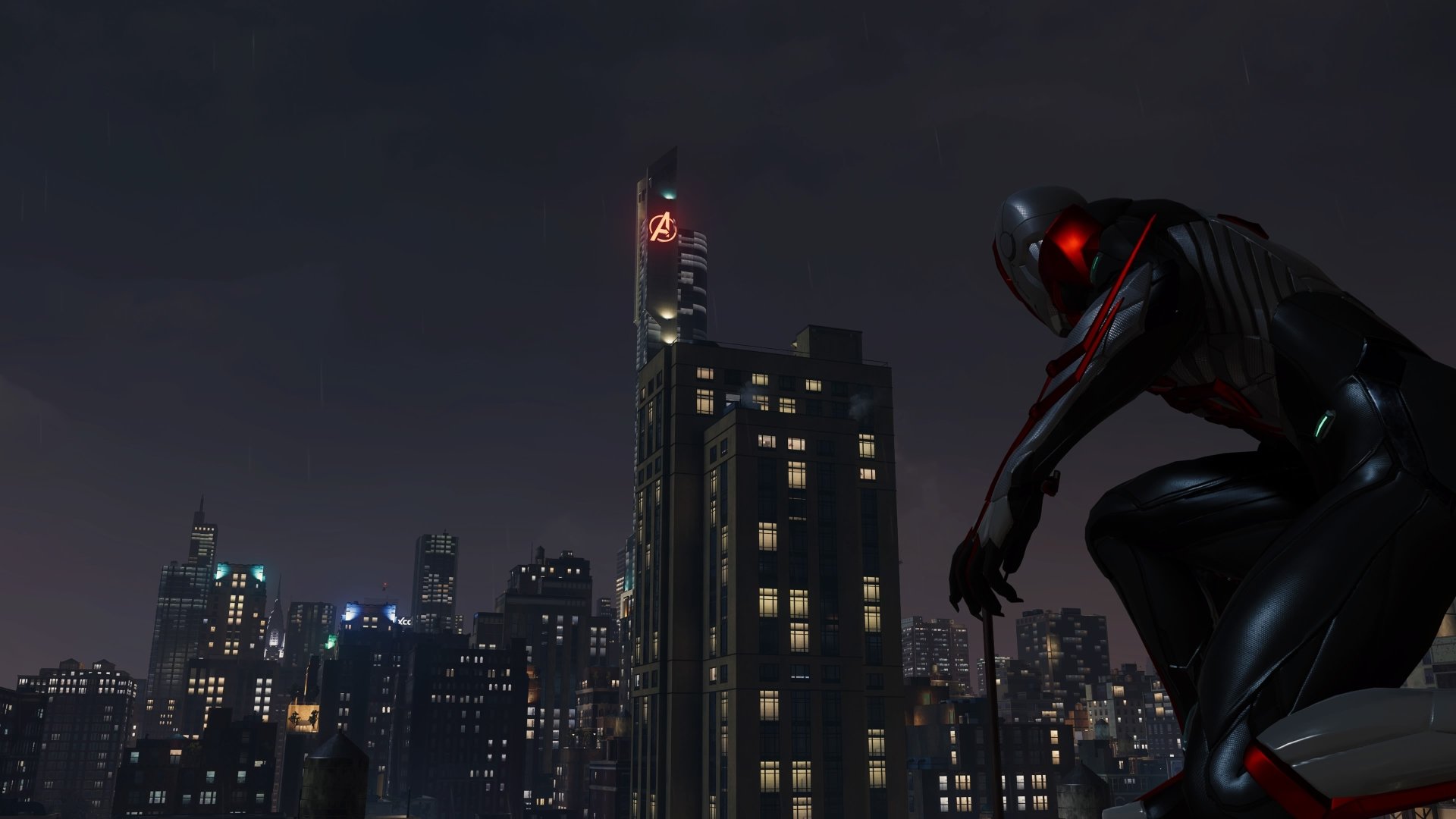 Spider-Man (PS4) in a black suit crouches on a rooftop at night, overlooking a glowing city skyline — 4K Ultra HD PC desktop wallpaper/background.