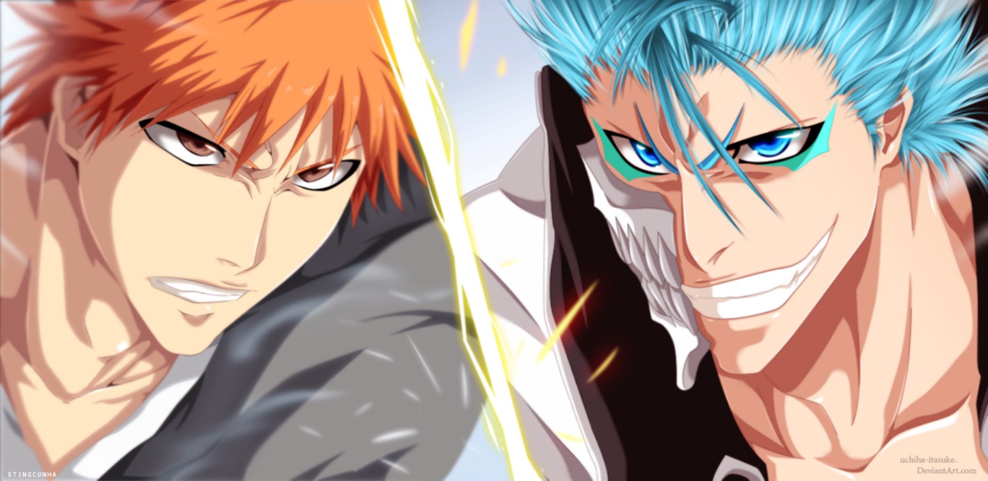 HD PC desktop wallpaper of Bleach anime: Ichigo Kurosaki and Grimmjow Jaegerjaquez face off with fierce expressions and crackling energy.
