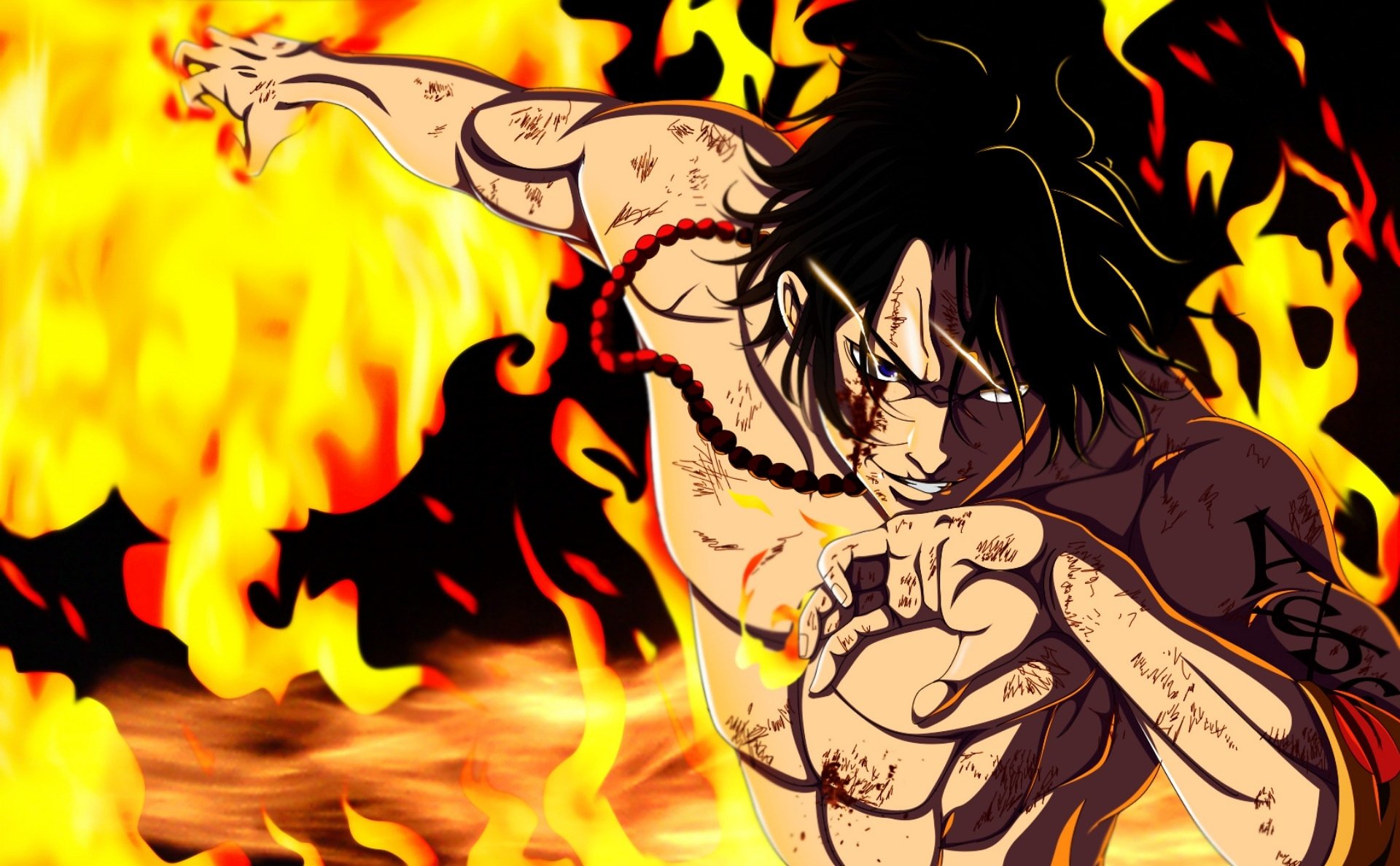 HD anime desktop wallpaper featuring Portgas D. Ace from One Piece, depicted amidst intense flames with a dynamic, action-packed pose.