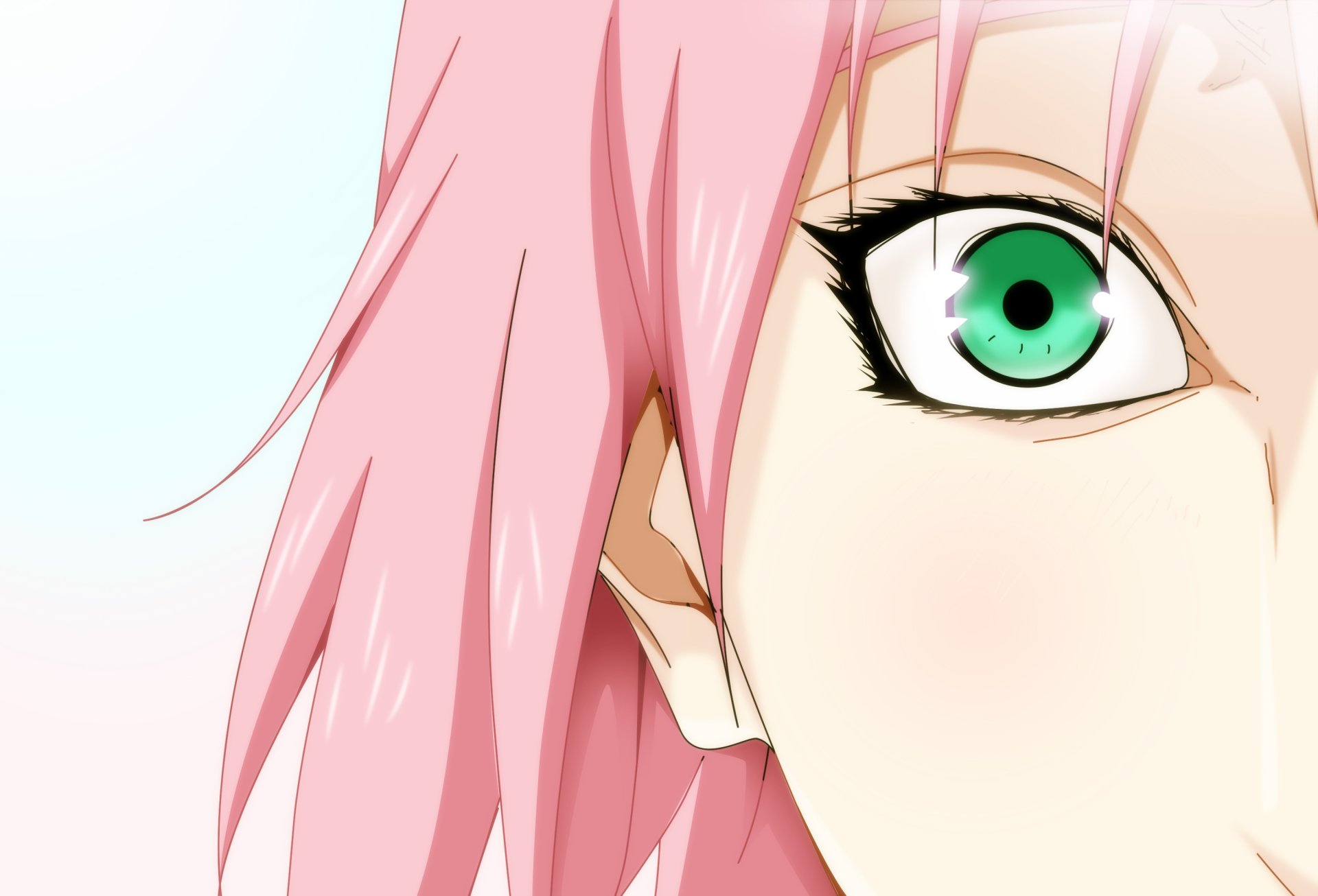 Close-up HD anime desktop wallpaper featuring Sakura Haruno from Naruto, highlighting her pink hair and vivid green eye against a soft background.
