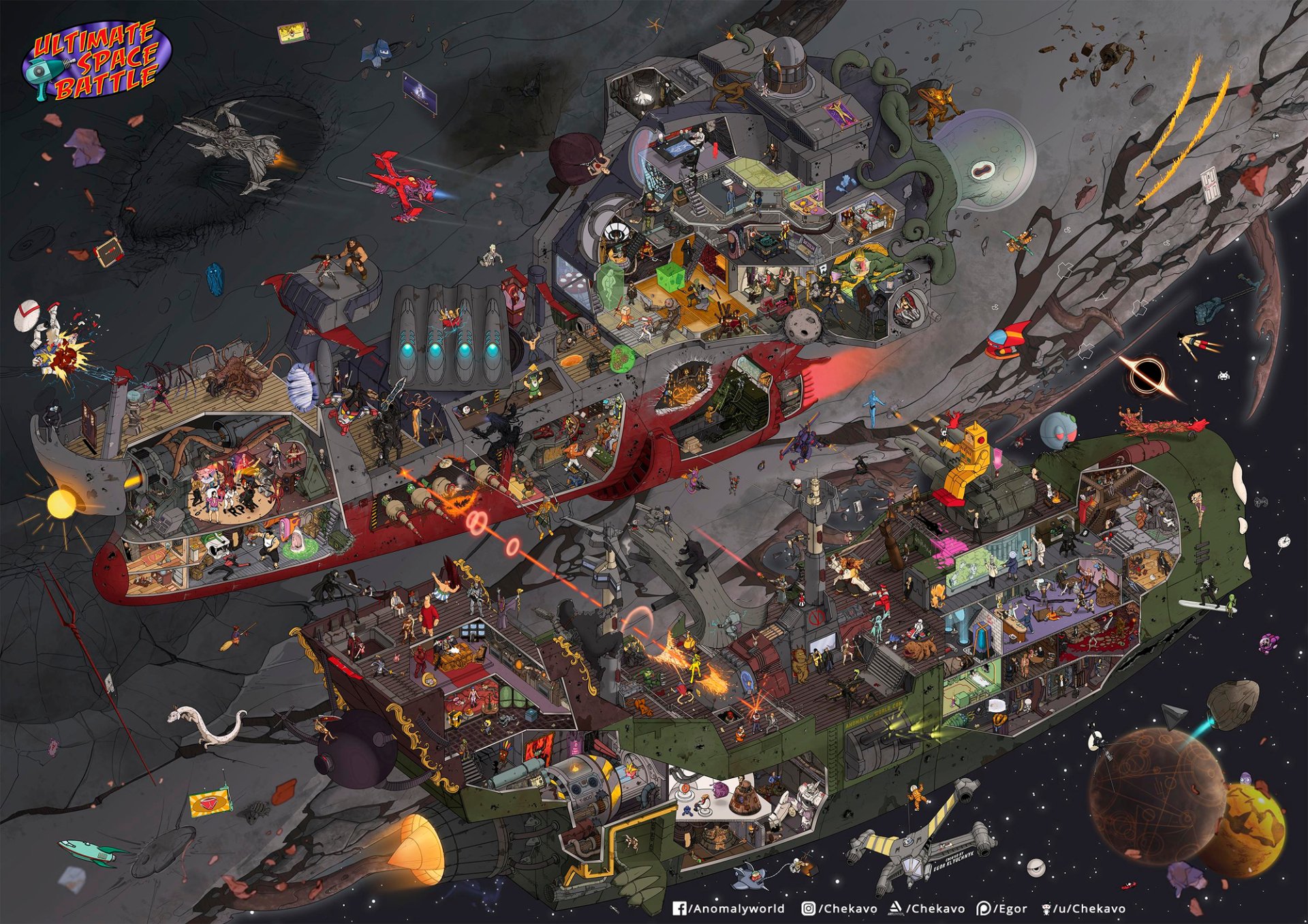 HD PC desktop wallpaper depicting an intense sci-fi battle scene on a massive asteroid fortress surrounded by space debris and distant planets.