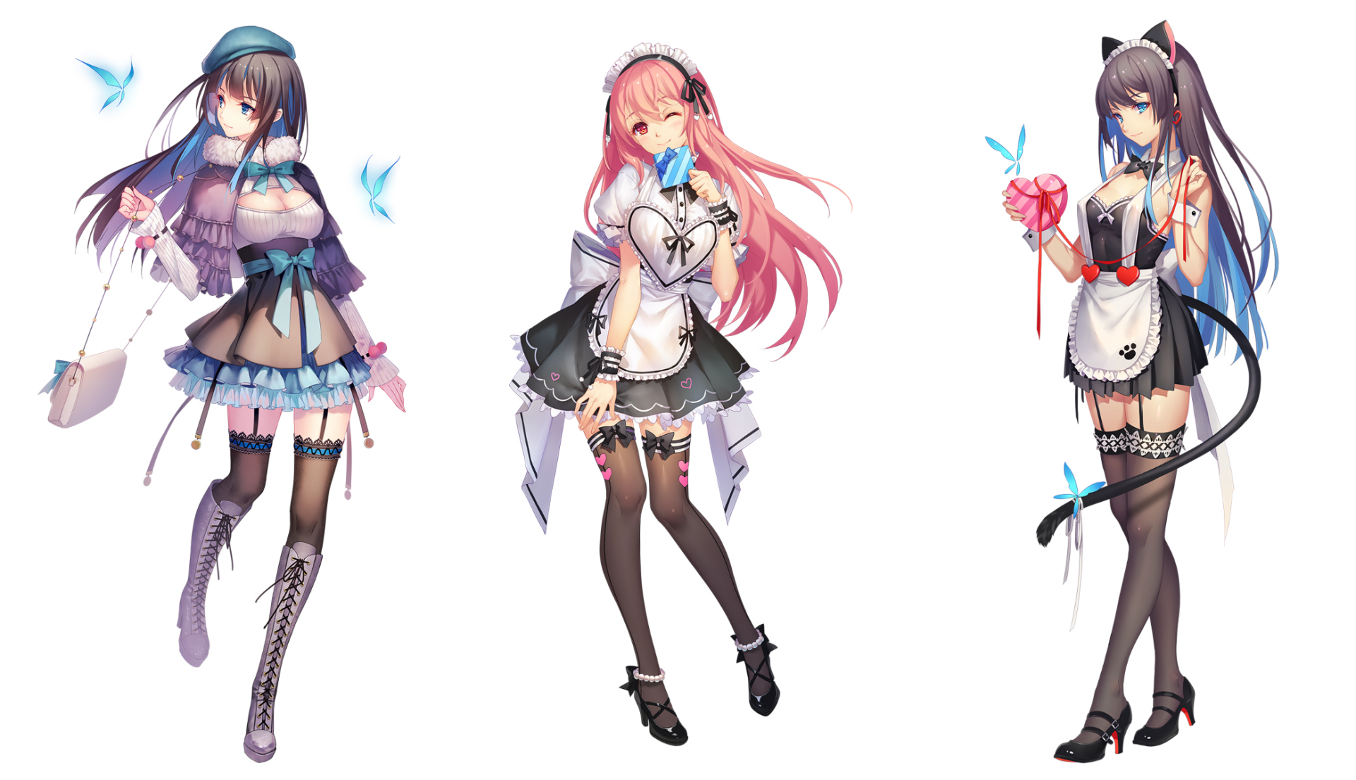 HD PC desktop wallpaper featuring three anime-style female characters from Sangai Senki in detailed outfits with vibrant colors and butterfly accents.