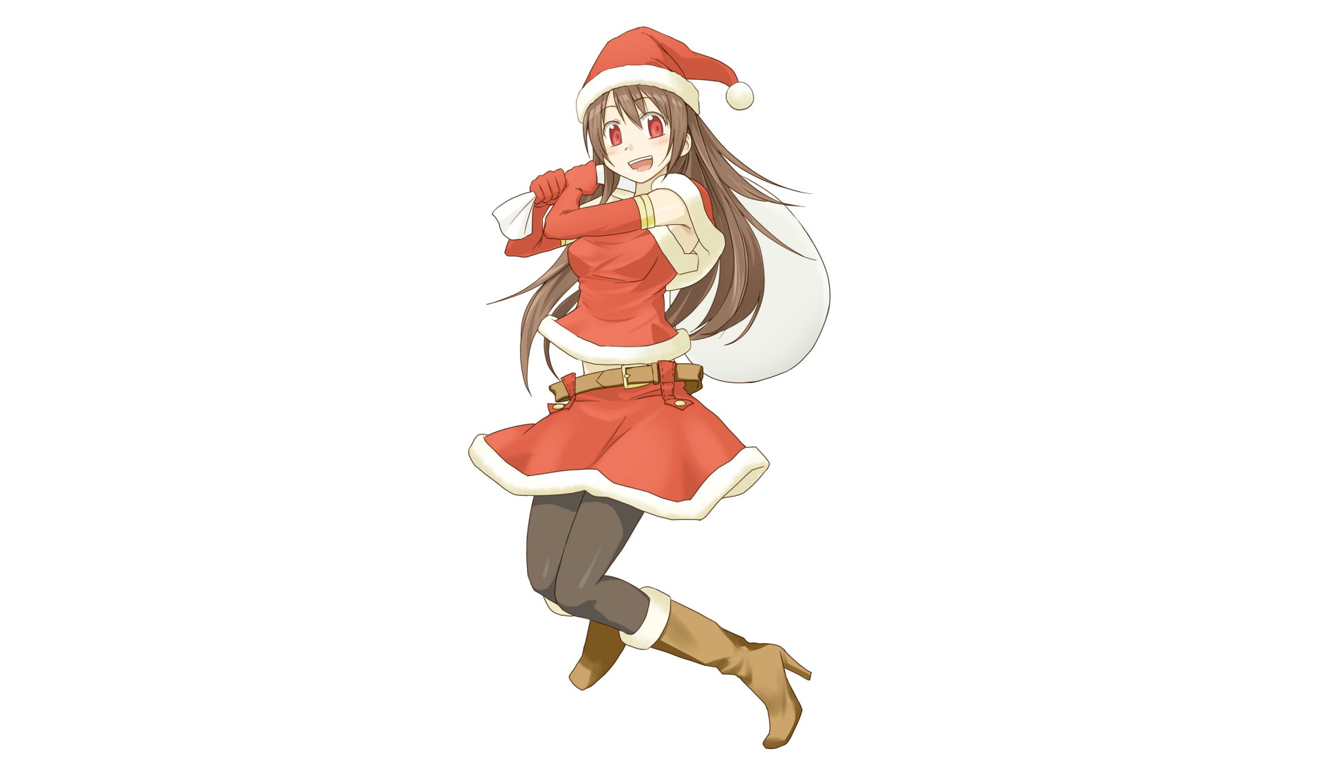 Anime girl in a Santa outfit and hat, carrying a gift sack and smiling on a white background — 2K Quad HD PC desktop wallpaper, Christmas anime theme.