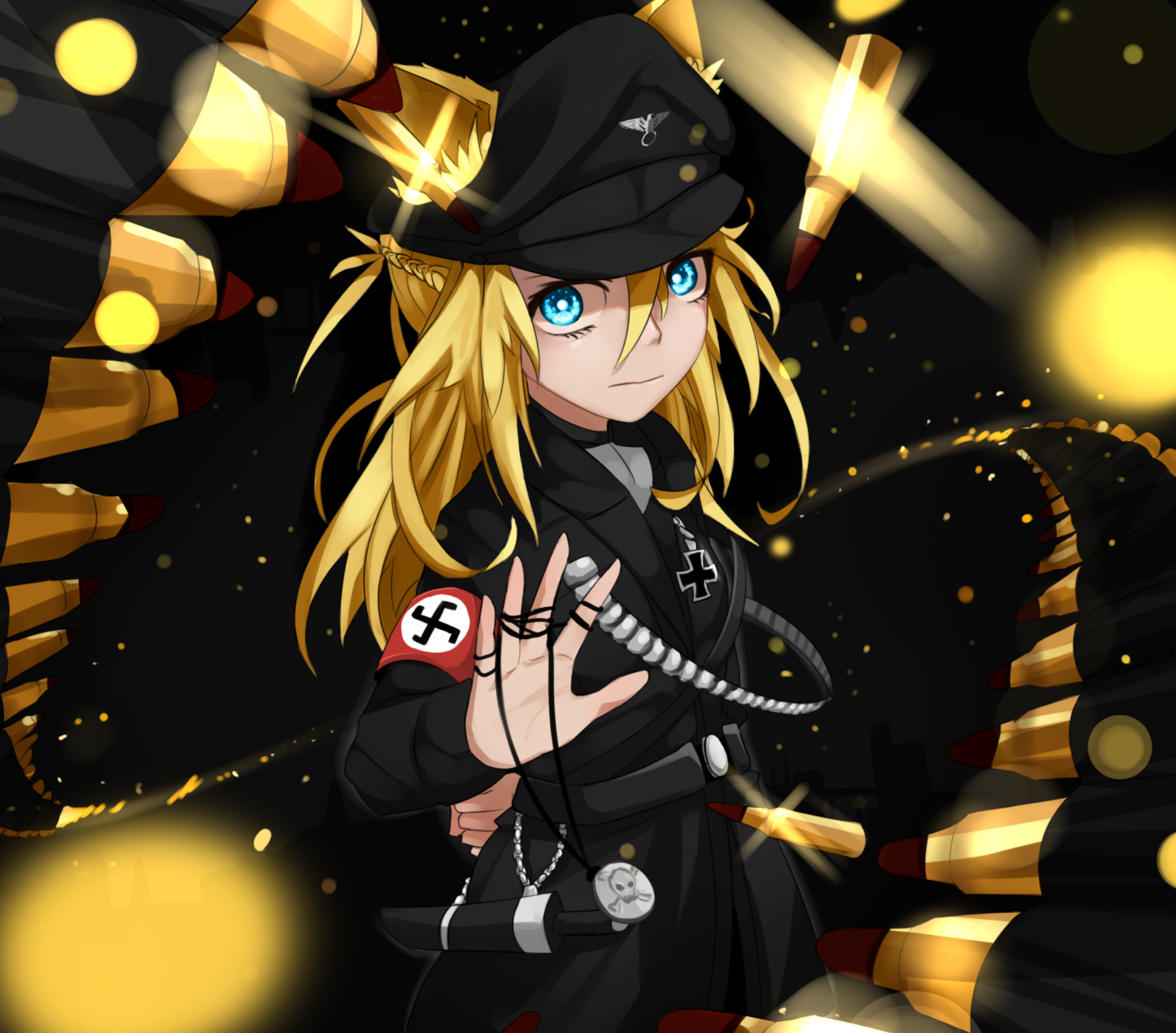 Anime-style HD desktop wallpaper featuring a blonde soldier with striking blue eyes in a black uniform, set against a dynamic, glowing background.