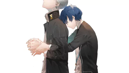 4K Ultra HD wallpaper featuring Yu Narukami from Persona 4 and Minato Arisato from Persona 3 in a soft, emotional video game-themed illustration.