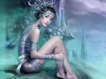 A fantasy-themed HD desktop wallpaper featuring a woman seated in a mystical setting, adorned in shimmering attire and surrounded by ethereal elements.