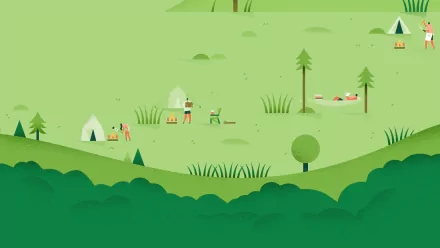4K Ultra HD PC desktop wallpaper featuring a minimalist, flat-design video game scene created with Sketch Up!, showing characters and tents in a green landscape.