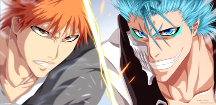 HD PC desktop wallpaper of Bleach anime: Ichigo Kurosaki and Grimmjow Jaegerjaquez face off with fierce expressions and crackling energy.