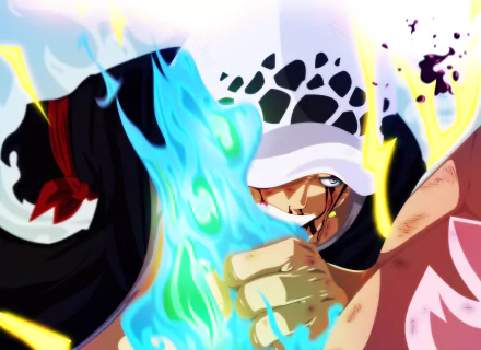 Anime HD desktop wallpaper featuring Donquixote Doflamingo and Trafalgar Law from One Piece in a dynamic battle scene with vibrant colors and intense expressions.