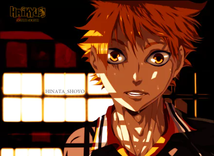 HD PC desktop wallpaper featuring Shōyō Hinata from the anime Haikyū!! with warm lighting highlighting his face against a grid-patterned window backdrop.