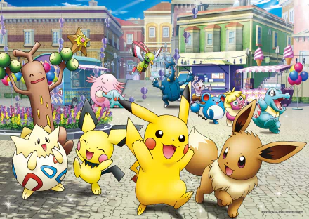 Colorful 4K Ultra HD anime wallpaper from Pokémon The Movie: The Power of Us featuring Pikachu, Eevee, and other Pokémon joyfully gathered in a lively town square.