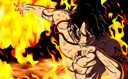 HD anime desktop wallpaper featuring Portgas D. Ace from One Piece, depicted amidst intense flames with a dynamic, action-packed pose.