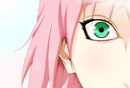 Close-up HD anime desktop wallpaper featuring Sakura Haruno from Naruto, highlighting her pink hair and vivid green eye against a soft background.